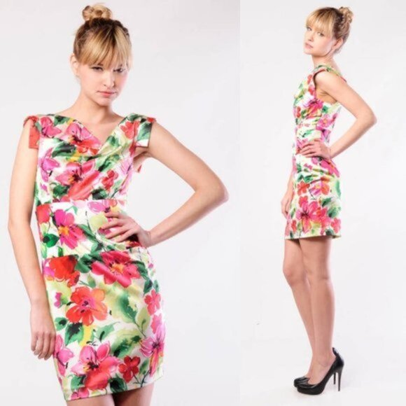 Black Halo Multi Jackie Stretch Sateen Floral Mini Dress Women Size 2 - Picture 2 of 7